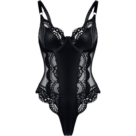 Lilosy Sexy Black Lace Sheer Corset Lingerie Push Up Underwire One Piece Teddy - Picture 3 of 5